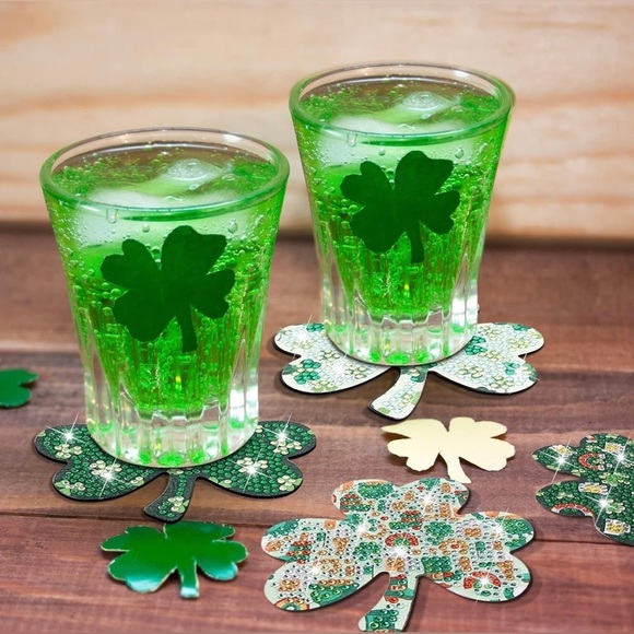 2/$16 - No. 09 - Sparkly, Diamond Art Shamrock Clover Holiday Coaster, Green - Picture 8 of 17